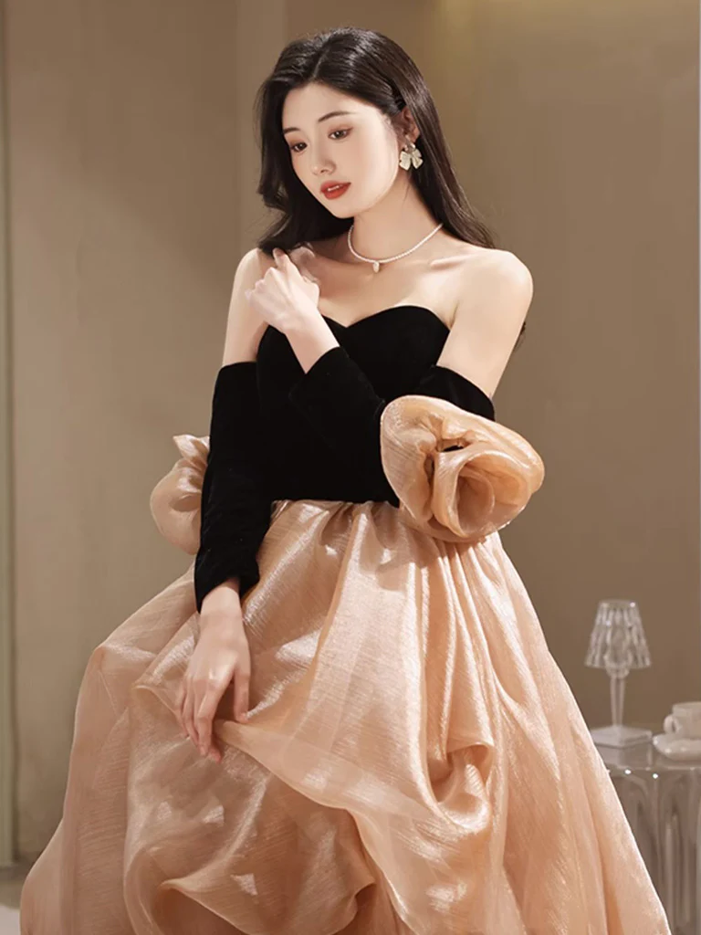 Champagne Sweetheart Neck Long Prom Dress, Champagne Formal Evening Dress - Deanwangkt