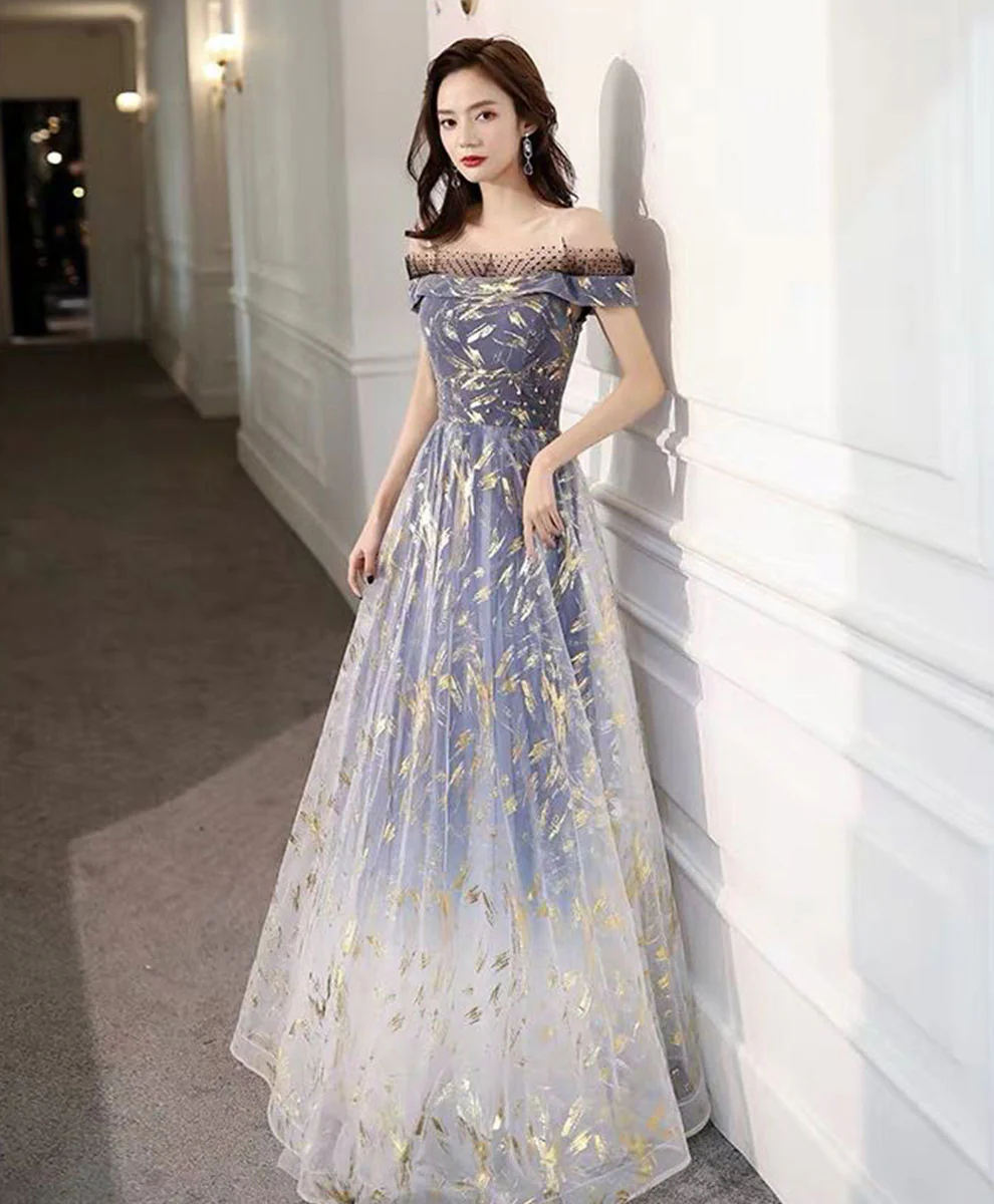 Blue Tulle Off Shoulder Lace Long Prom Dress Tulle Formal Dress - Deanwangkt