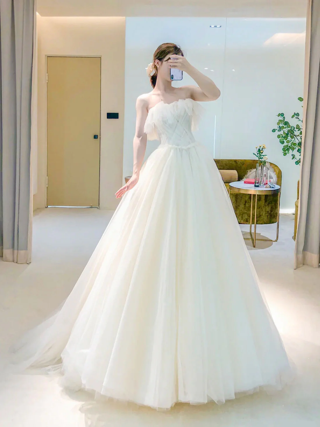 Unique Light Champagne Tulle Long Prom Dress, Tulle Formal Wedding Party Dress - Deanwangkt