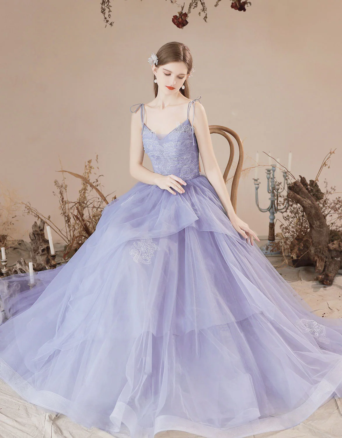 A-Line Tulle Lace Purple Long Prom Dresses, Purple Formal Evening Dress - Deanwangkt