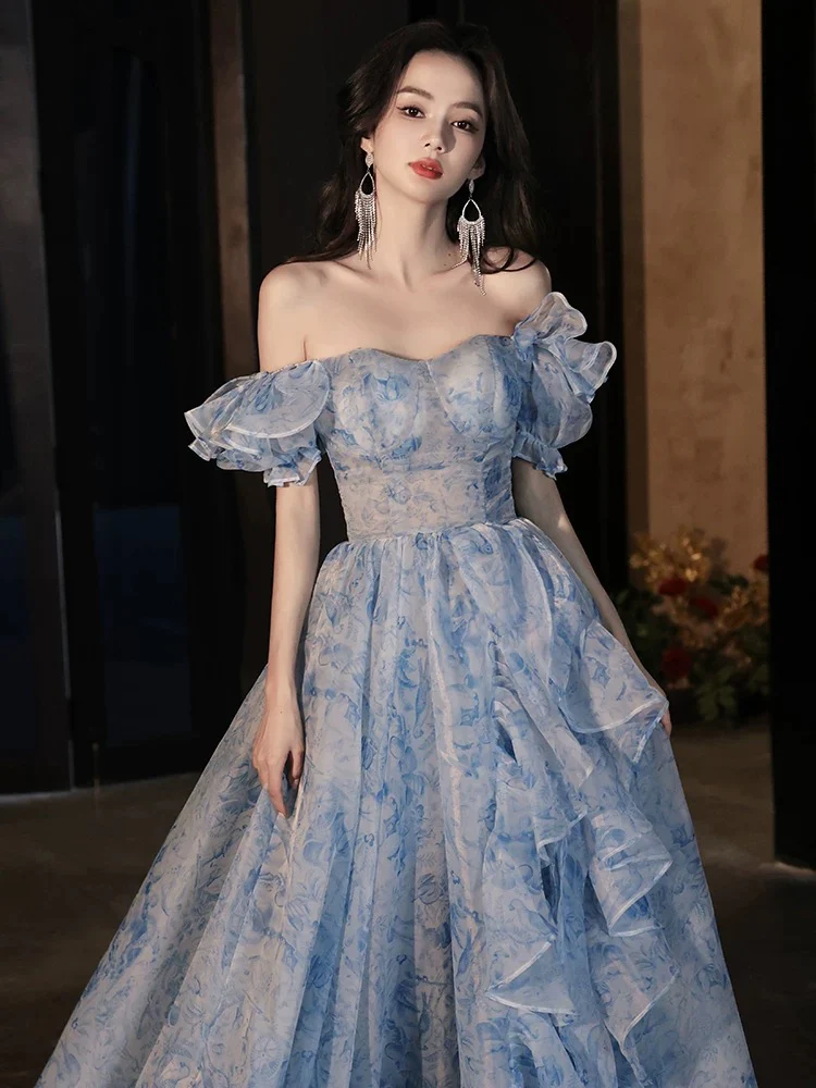 A-Line Off Shoulder Tulle Blue Long Prom Dress, Blue Long Formal Dress - Deanwangkt