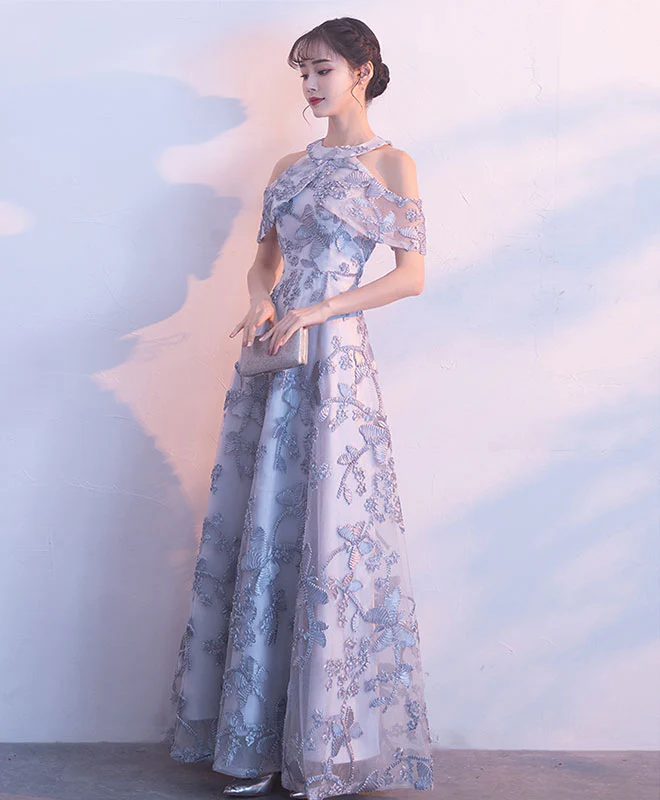 Gray Lace Long Prom Dress, Gray Lace Bridesmaid Dress - Deanwangkt