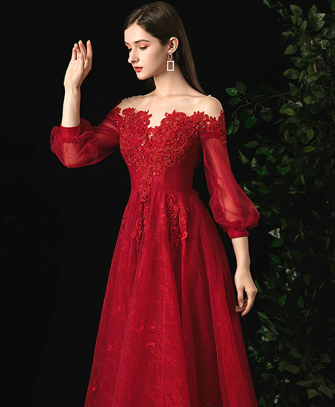 Burgundy Round Neck Tulle Lace Prom Dress, Burgundy Evening Dress - Deanwangkt