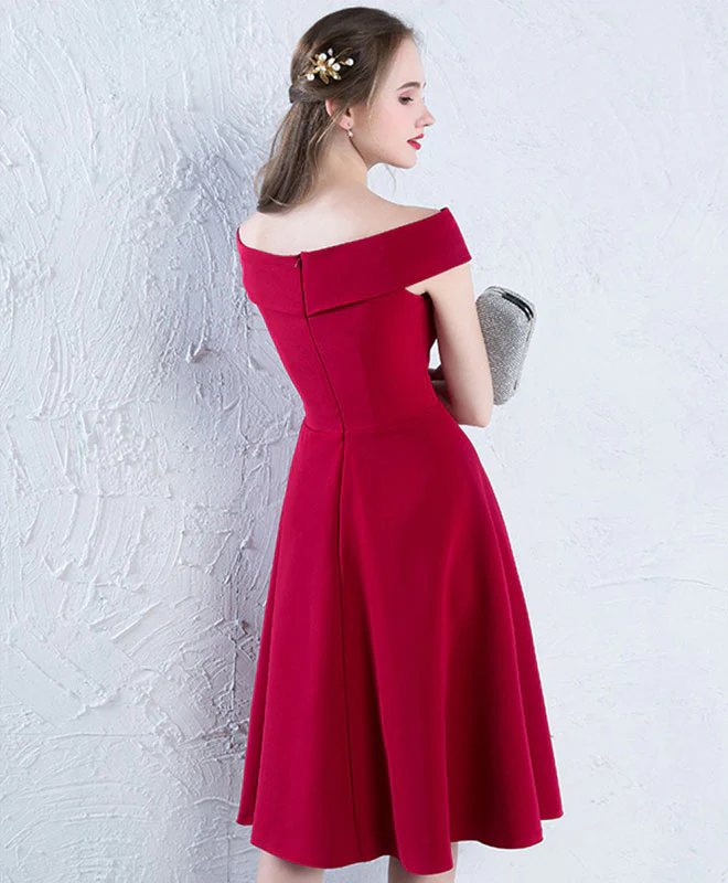 Burgundy Off Shoulder Satin Prom Dress, Burgundy Homecoming Dress - Deanwangkt