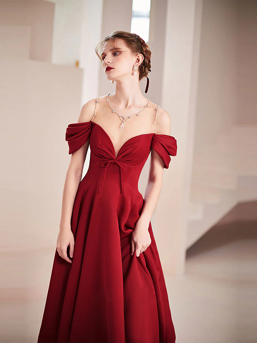 Simple Burgundy Round Neck Satin Long Prom Dress, Burgundy Formal Graduation Dresses - Deanwangkt