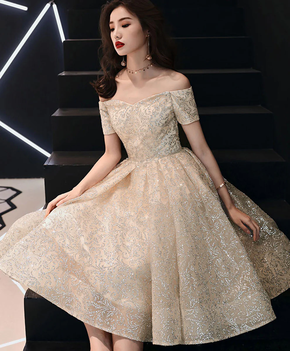 Champagne Sweetheart Tulle Sequin Prom Dress, Champagne Homecoming Dress - Deanwangkt