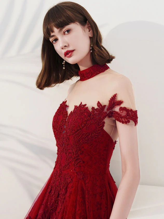 Burgundy Tulle Lace Tea Length Prom Dress, Burgundy Evening Dress - Deanwangkt