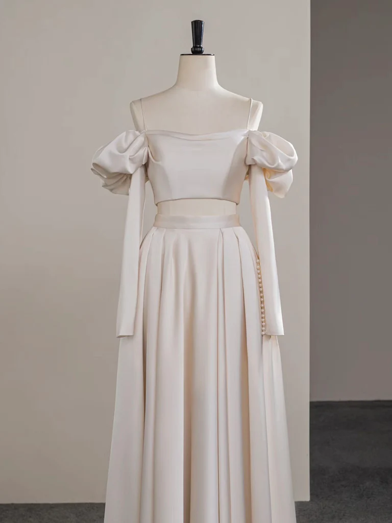 A-Line Two Pieces Satin Champagne Long Prom Dress, Champagne Formal Dress - Deanwangkt