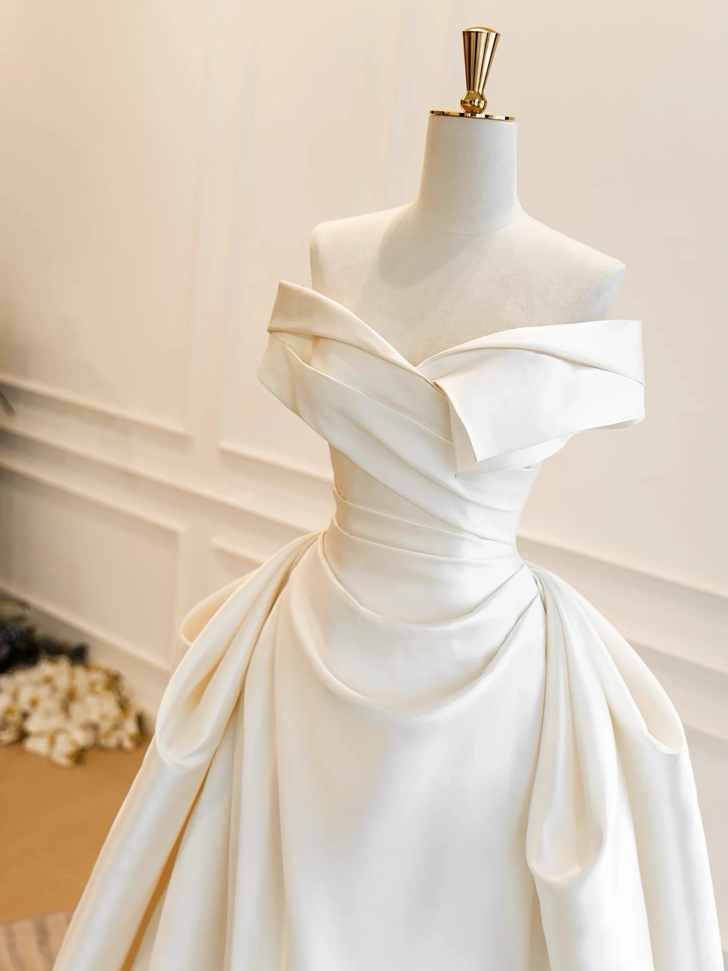 A-Line Off Shoulder Satin Light Champagne Long Prom Dress, Light Champagne Formal Dress - Deanwangkt