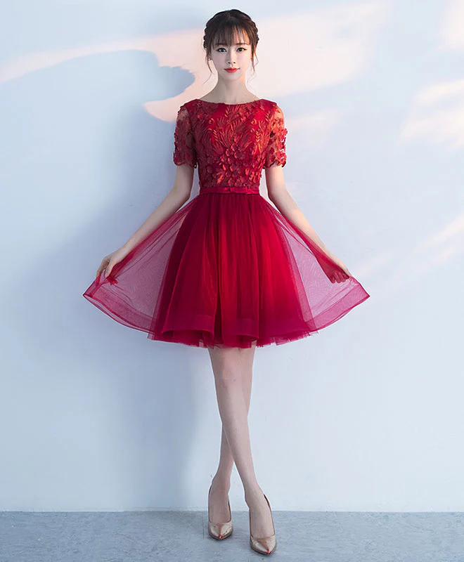 Burgundy Round Neck Tulle Lace Short Prom Dress, Burgundy Homecoming Dress - Deanwangkt