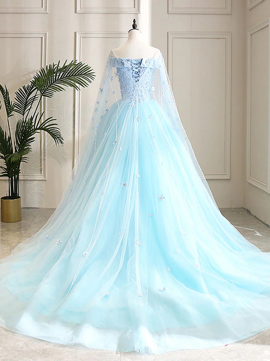 Blue Sweetheart Neck Tulle Lace Long Prom Dress, Blue Evening Dress - Deanwangkt