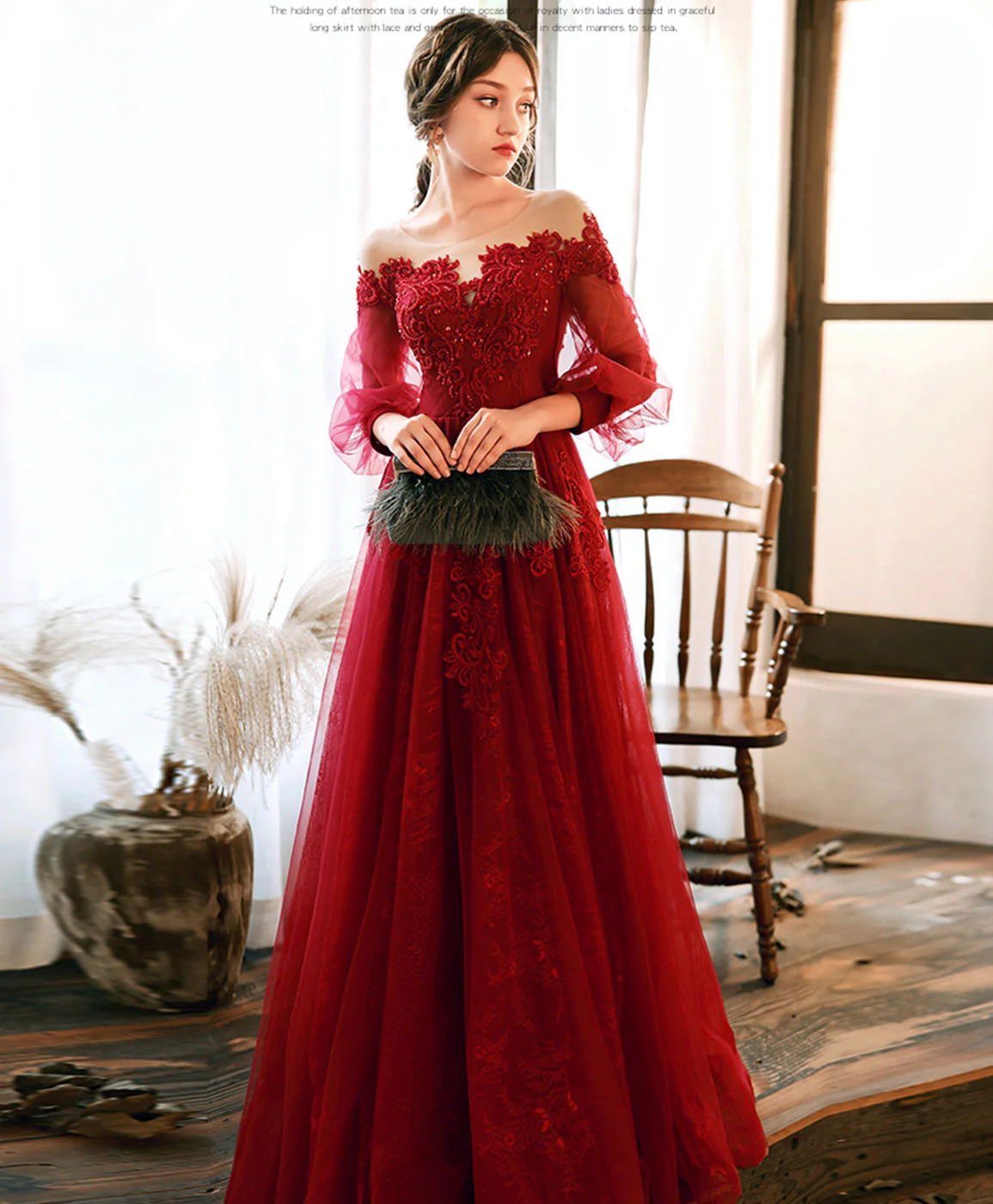 Burgundy Round Neck Tulle Beads Long Prom Dress Burgundy Evening Dress - Deanwangkt