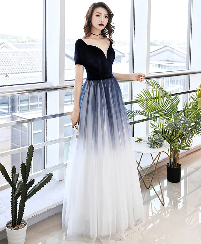 Simple Blue Tulle Long Prom Dress Blue Tulle Evening Dress - Deanwangkt