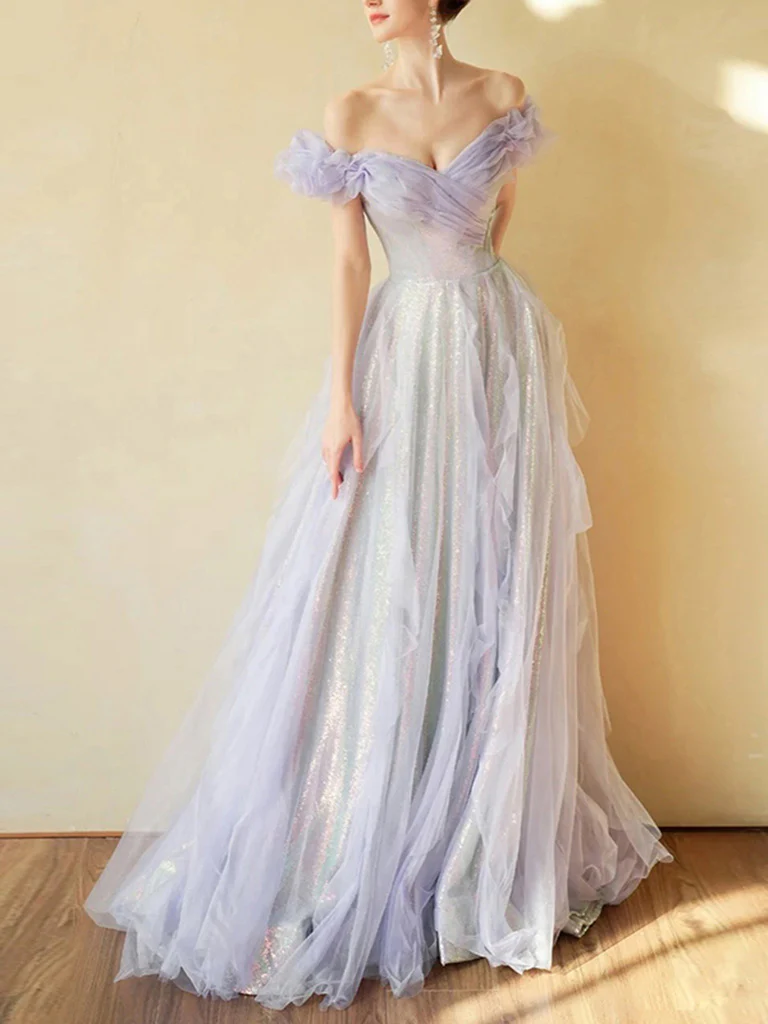 Purple Off Shoulder Tulle Sequin Long Prom Dress, Purple Formal Dress - Deanwangkt