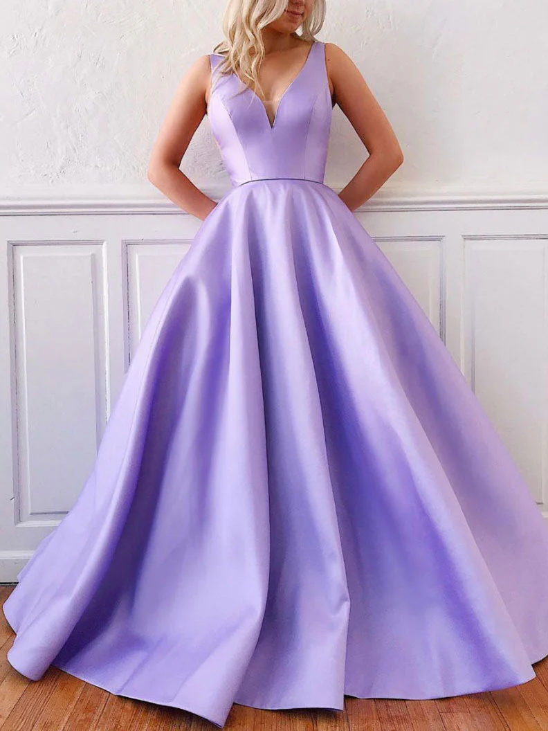 Simple V Neck Satin Purple Long Prom Dress, Purple Formal Graduation Dresses - Deanwangkt