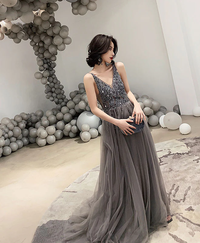 Gray V Neck Tulle Beads Long Prom Dress, Gray Tulle Evening Dress - Deanwangkt