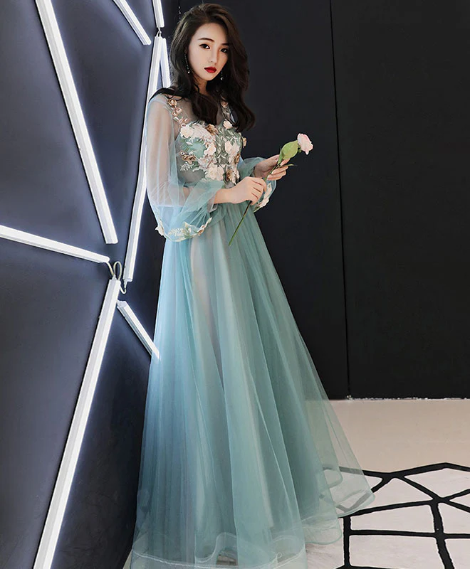 Green Tulle Lace Applique Long Prom Dress, Green Evening Dress - Deanwangkt
