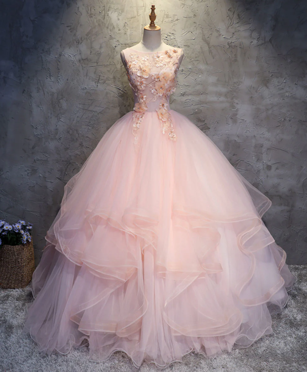 Pink Round Neck Tulle Lace Long Prom Dress Lace Formal Dress - Deanwangkt