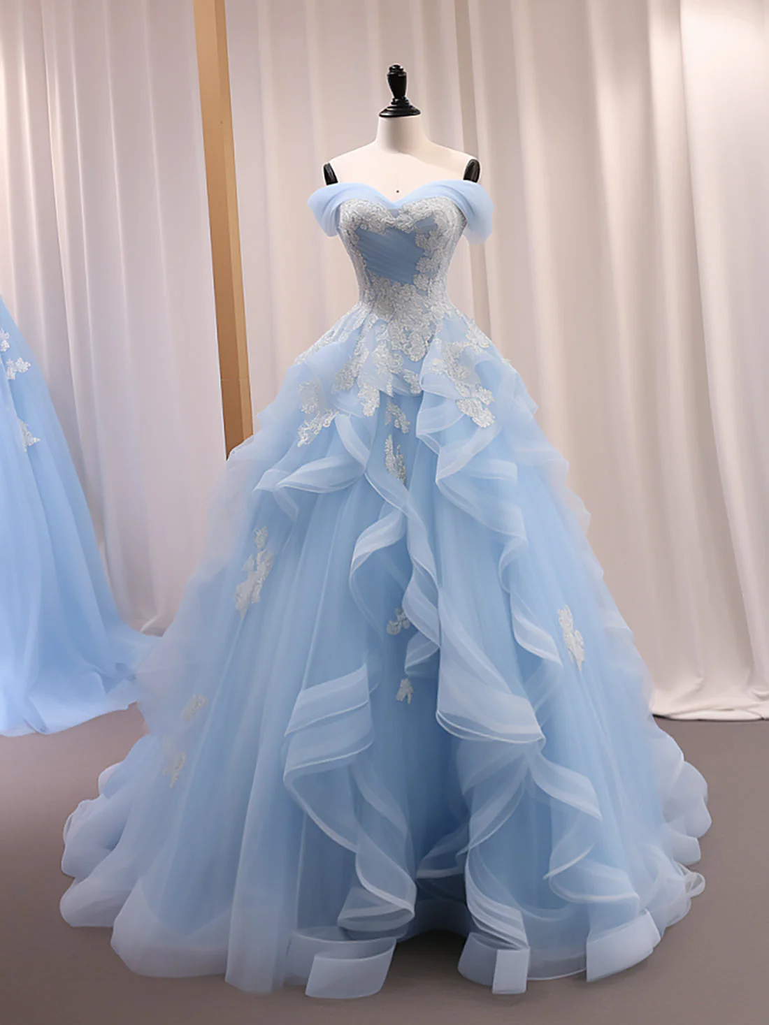 A-Line Sweetheart Neck Tulle Lace Blue Long Prom Dress, Blue Sweet 16 Dress - Deanwangkt