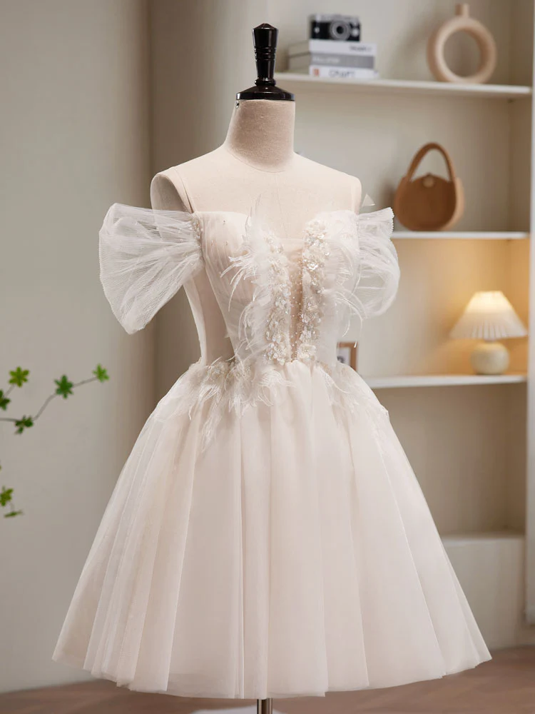A-Line Off Shoulder Tulle Short Beige Prom Dress, Cute Homecoming Dress - Deanwangkt
