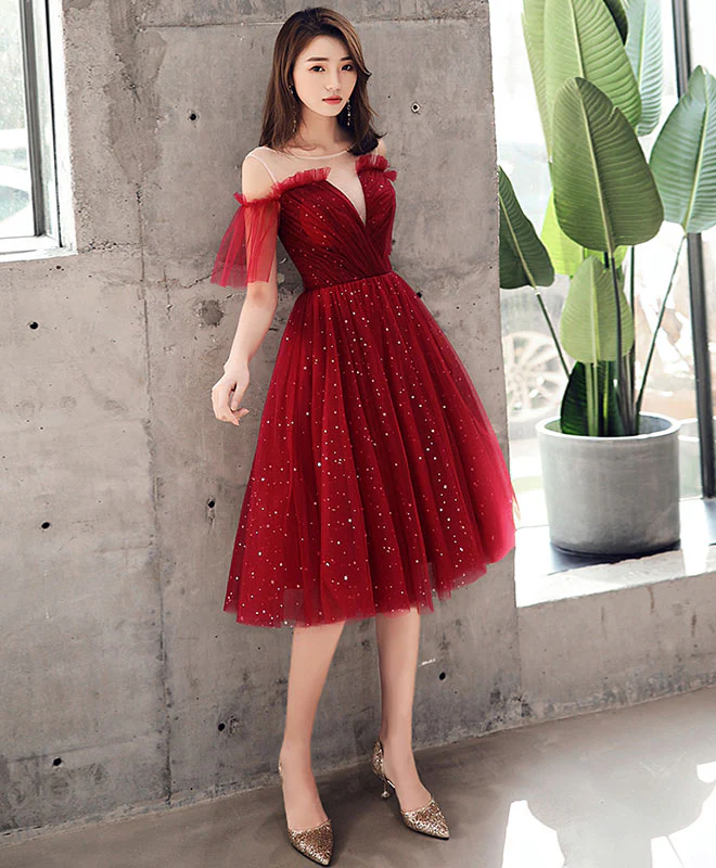 Burgundy Tulle Sequin Short Prom Dress, Burgundy Homecoming Dress - Deanwangkt