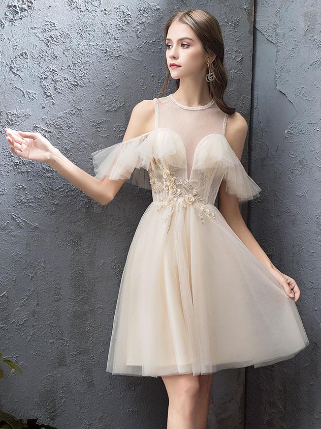 Cute Round Neck Tulle Champagne Short Prom Dress, Homecoming Dress - Deanwangkt