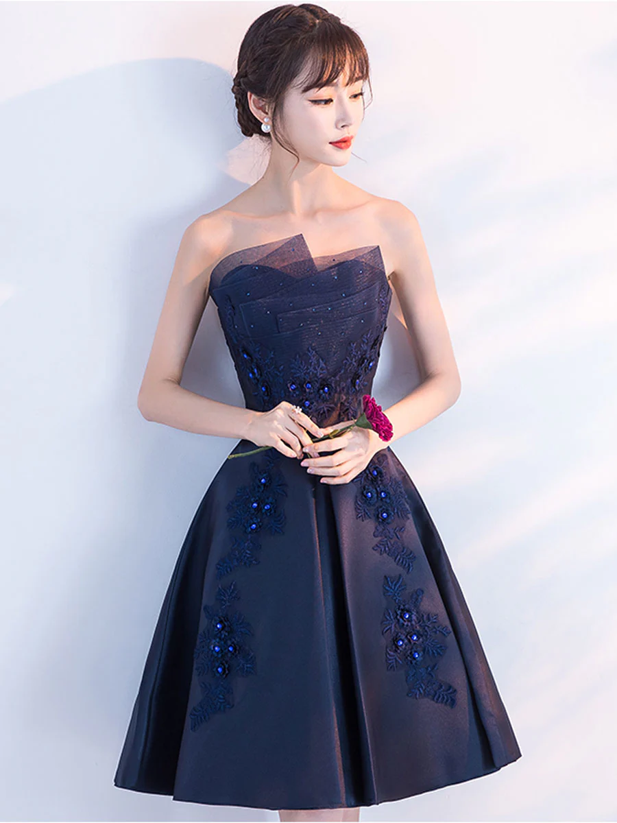 Aline Satin Lace Blue Short Prom Dress, Blue Homecoming Dress - Deanwangkt