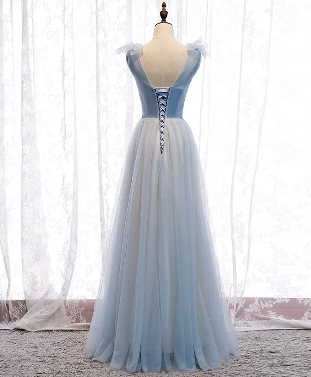 Simple Blue V Neck Tulle Long Prom Dress, Blue Formal Party Dresses - Deanwangkt