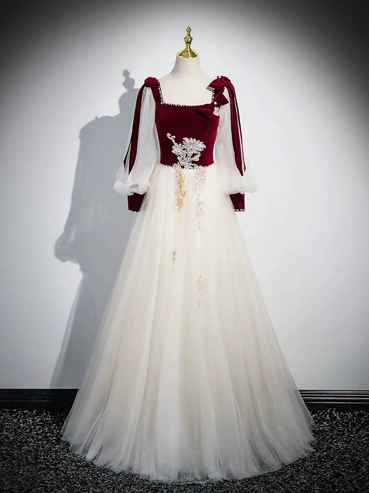 A-Line Long Sleeve Tulle Lace Champagne Long Prom Dress - Deanwangkt