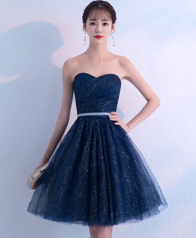 Dark Blue Sweetheart Tulle Short Prom Dress, Blue Homecoming Dress - Deanwangkt