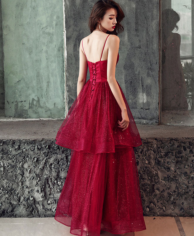 Burgundy V Neck Tulle Long Prom Dress, Shiny Burgundy Evening Dress - Deanwangkt