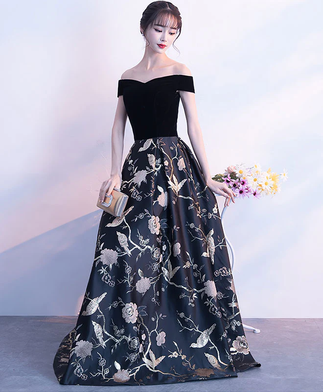Black Off Shoulder Floral Pattern Long Prom Dress, Evening Dress - Deanwangkt