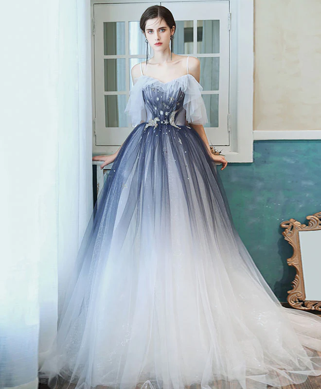 Unique Sweetheart Tulle Blue Long Prom Dress Blue Tulle Evening Dress - Deanwangkt