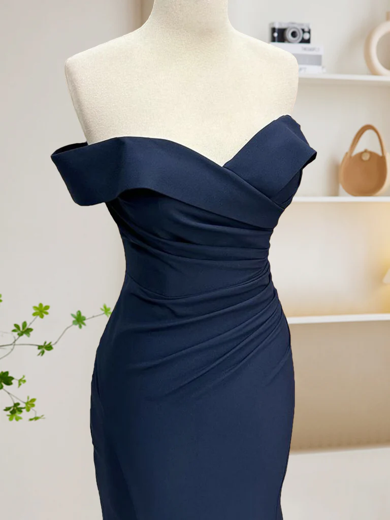 Mermaid Satin Dark Blue Long Prom Dress, Dark Blue Long Formal Dress - Deanwangkt