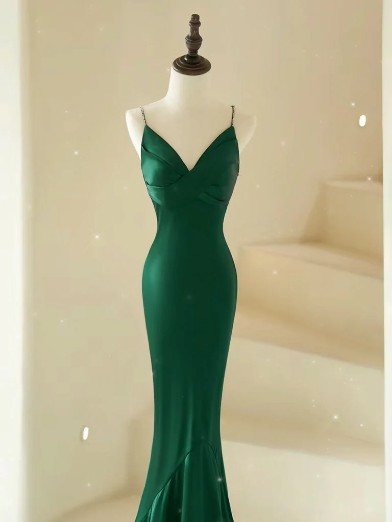 Mermaid V Neck Satin Green Long Prom Dress, Green Long Evening Dress - Deanwangkt