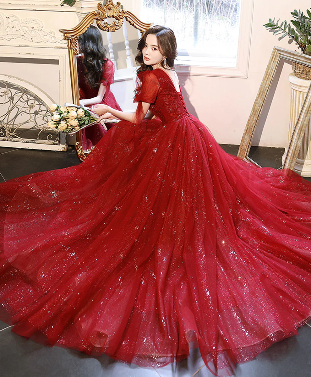 Burgundy V Neck Tulle Lace Long Prom Dress Burgundy Formal Dress - Deanwangkt