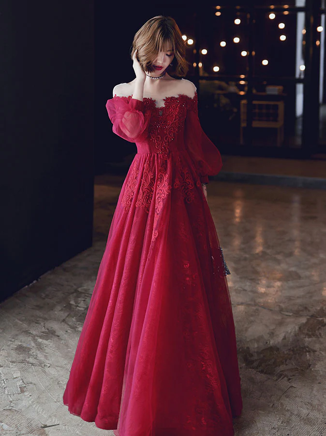 Red A line Tulle Lace Long Prom Dress, Tulle Lace Evening Dress - Deanwangkt