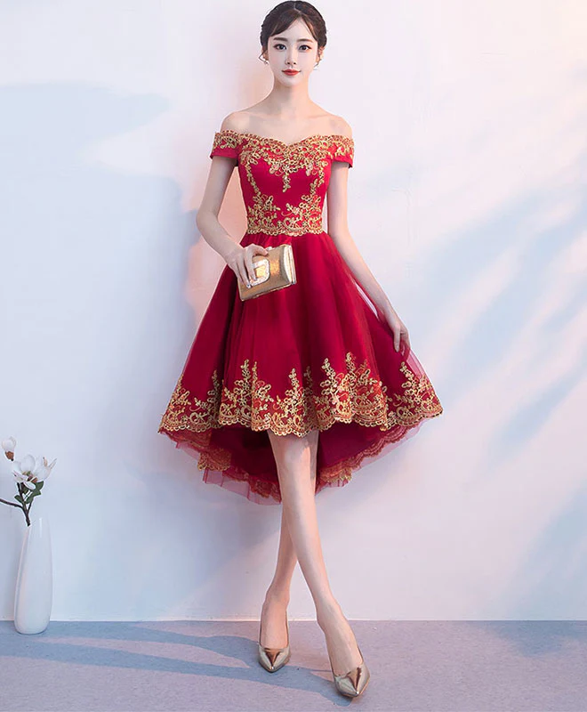 Burgundy Tulle Lace Short Prom Dress, High Low Homecoming Dress - Deanwangkt