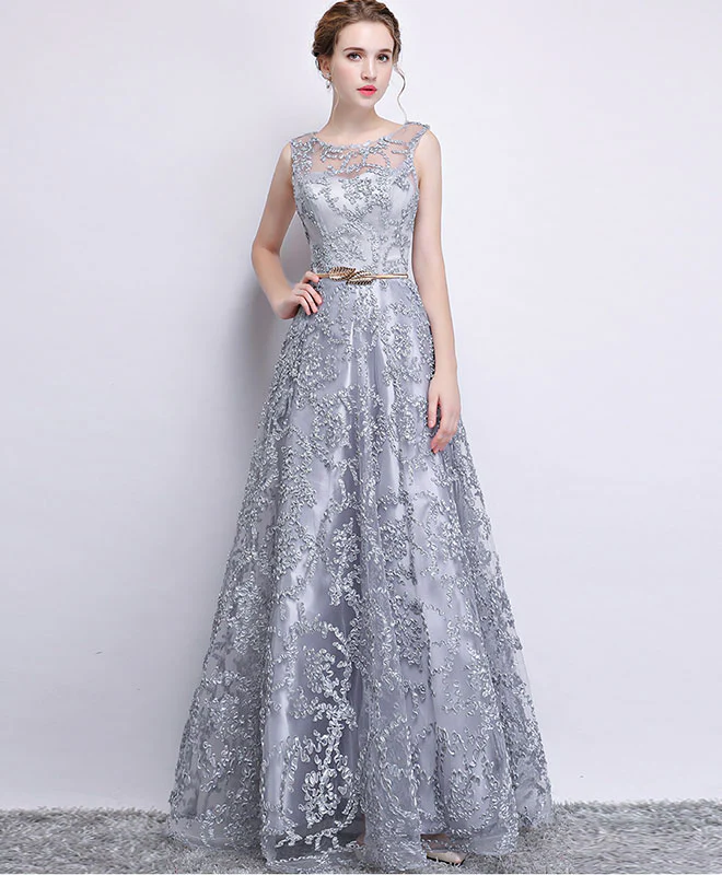 Gray Tulle Lace Long Prom Dress , Gray Evening Dress - Deanwangkt