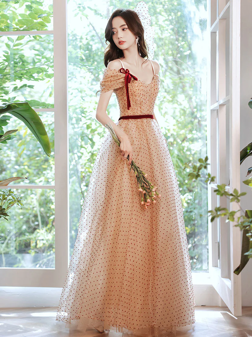 A line Champagne Long Prom Dresses, Champagne Formal Party Evening Dresses - Deanwangkt