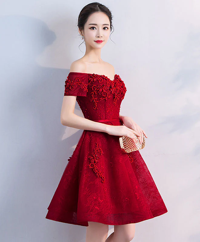 Burgundy Sweetheart Lace Tulle Short Prom Dress, Burgundy Bridesmaid Dress - Deanwangkt