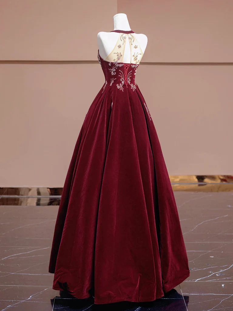 A-Line Velvet Beads Sequin Burgundy Long Prom Dress, Burgundy Long Formal Dress - Deanwangkt