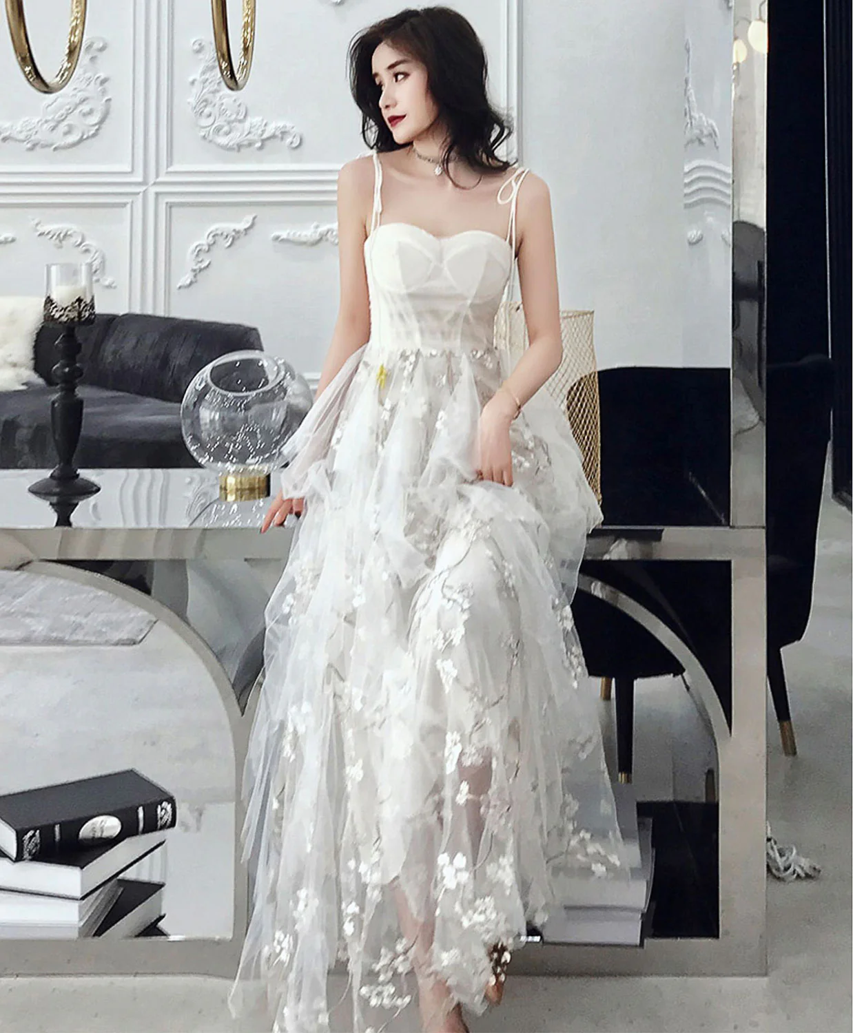 White Tulle Lace Long Prom Dress, White A-Line Lace Graduation Dresses - Deanwangkt