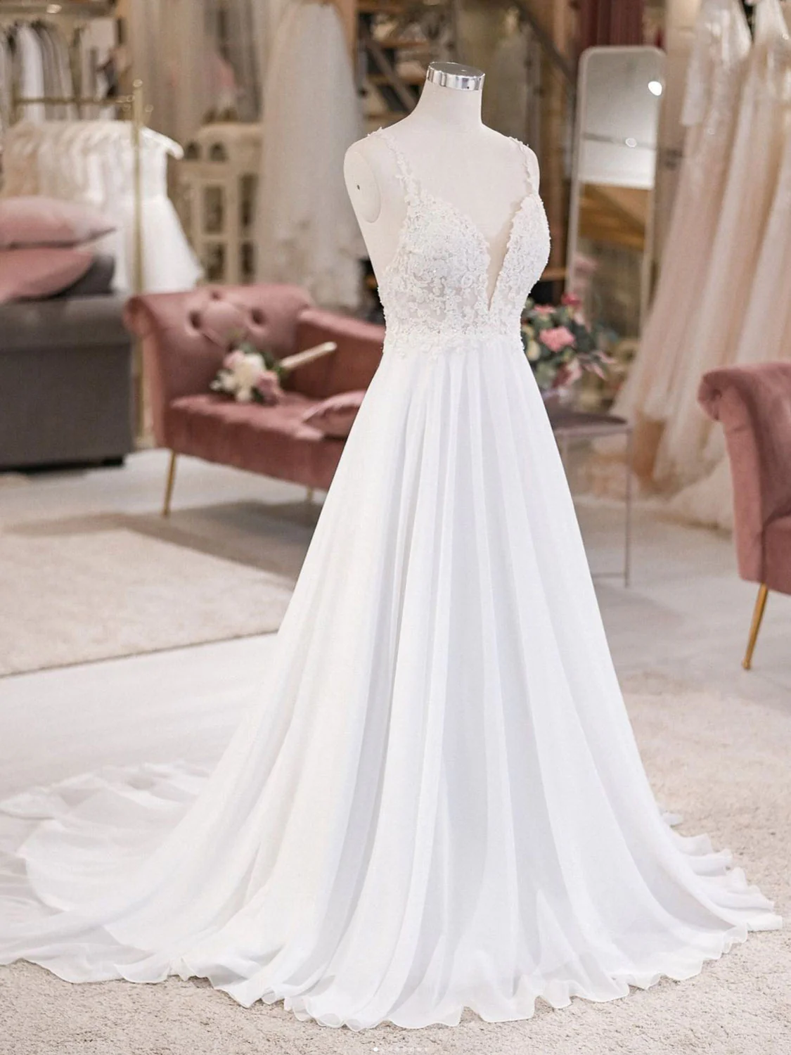 White V Neck Lace Chiffon Long Wedding Dress, Beach Wedding Dress - Deanwangkt