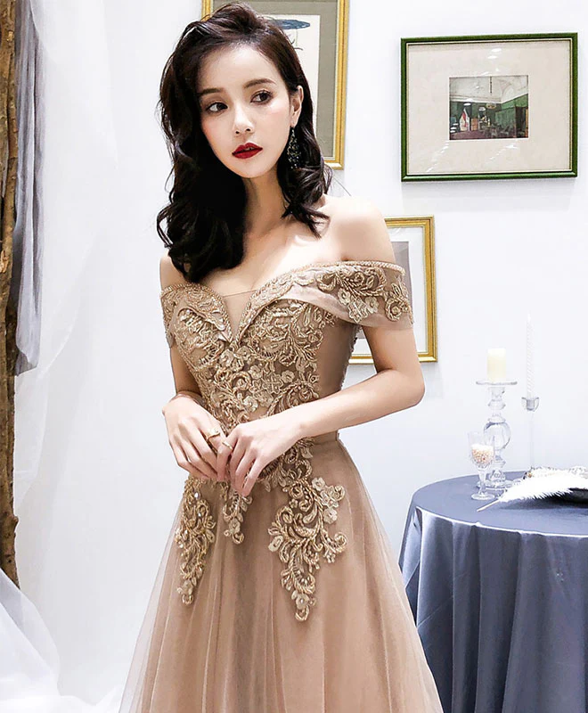Champagne Tulle Off Shoulder Long Prom Dress, Tulle Evening Dress - Deanwangkt