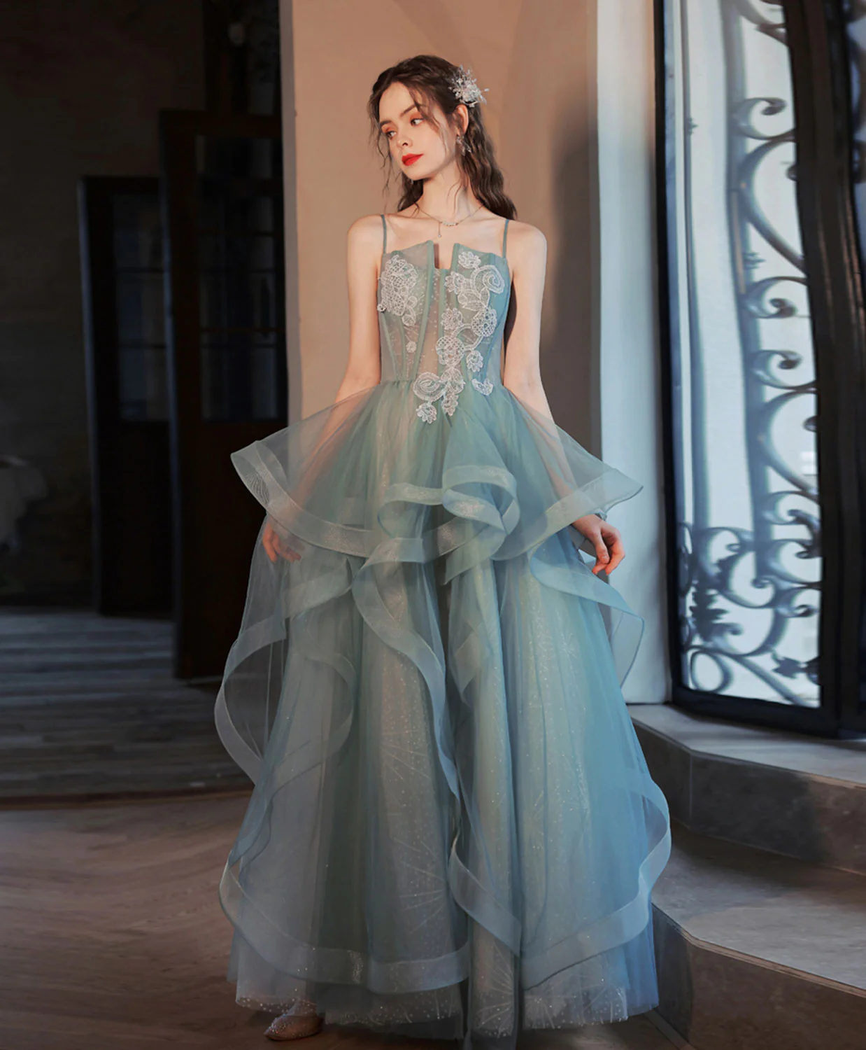 Gray Green Tulle Lace Long Prom Dress, Gray Green Tulle Lace Evening Dress - Deanwangkt