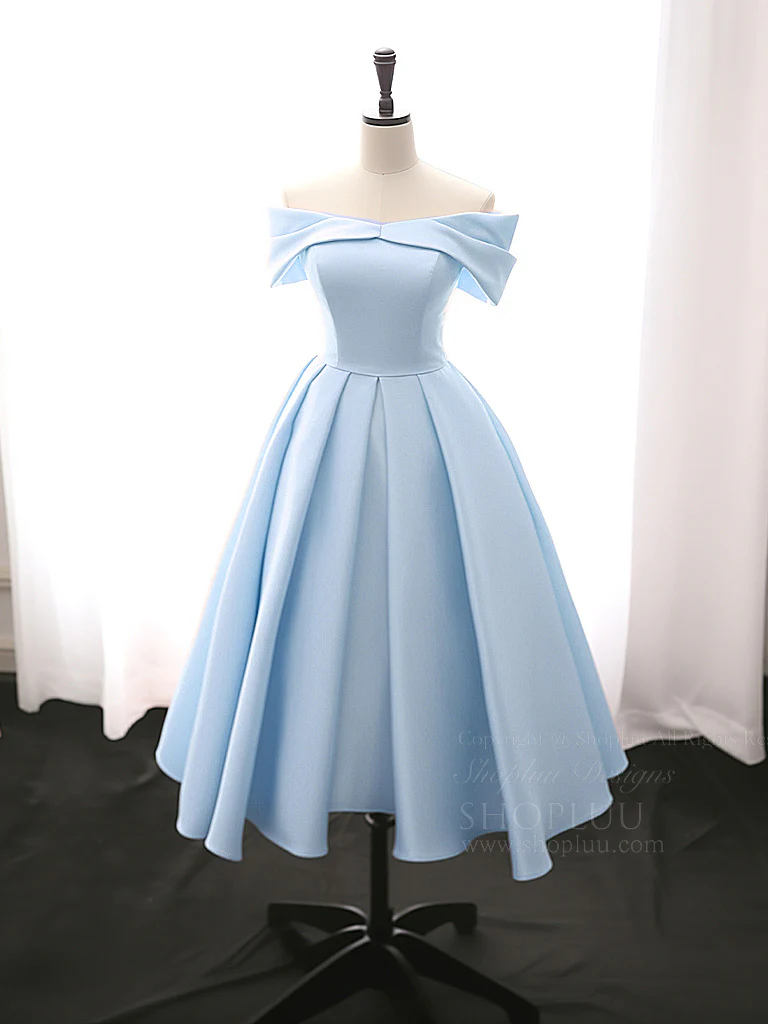 A-Line Off Shoulder Satin Tea Length Blue Prom Dress, Blue Formal Dress - Deanwangkt