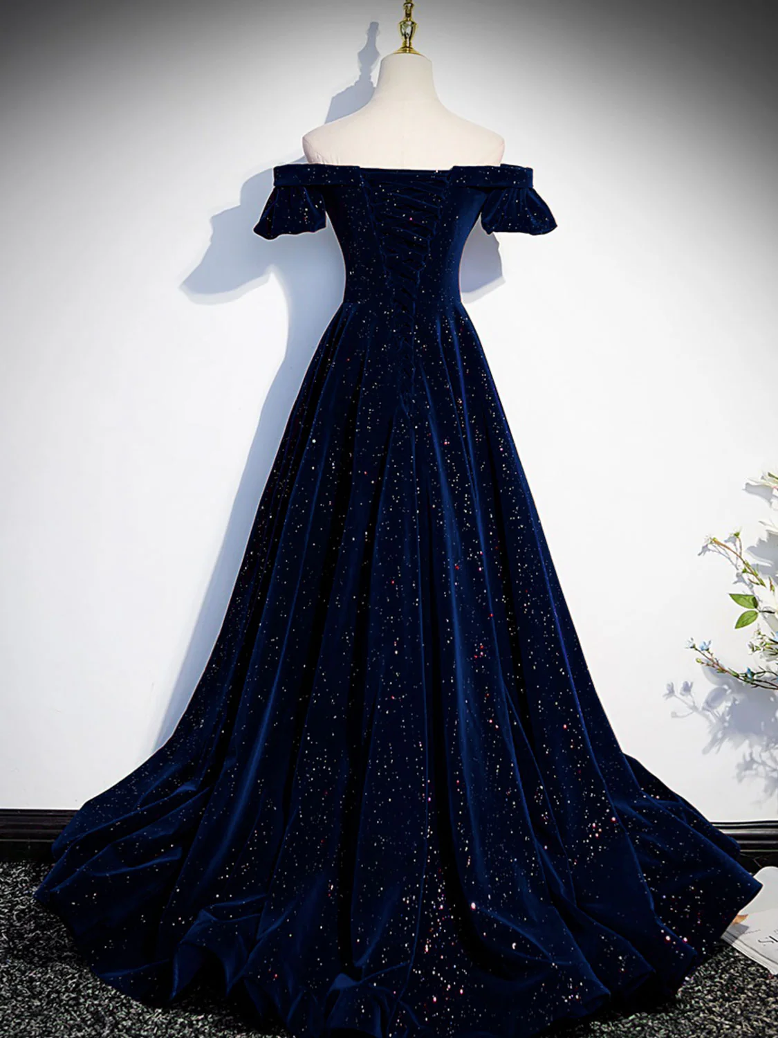 A-Line Off Shoulder Velvet Dark Blue Long Prom Dress, Dark Blue Long Formal Dress - Deanwangkt