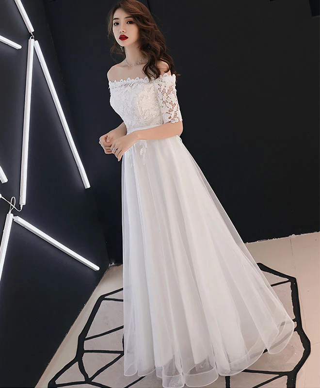 White Lace Tulle Long Prom Dress, White Tulle Lace Bridesmaid Dress - Deanwangkt