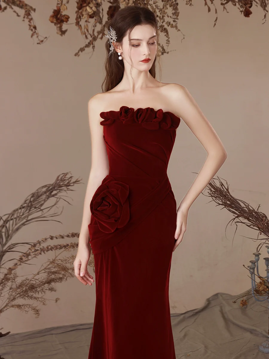 Unique Mermaid Velvet Burgundy Long Prom Dress, Burgundy Evening Dress - Deanwangkt